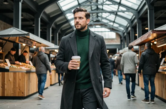 Homme en pull col roulé vert et manteau en laine charbon marchant dans un marché urbain moderne, inspiration mode masculine automne-hiver