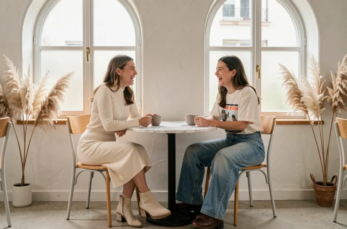 Deux femmes aux styles contrastés discutant dans un café minimaliste scandinave, tendances mode féminine contemporaine robe midi et jean large
