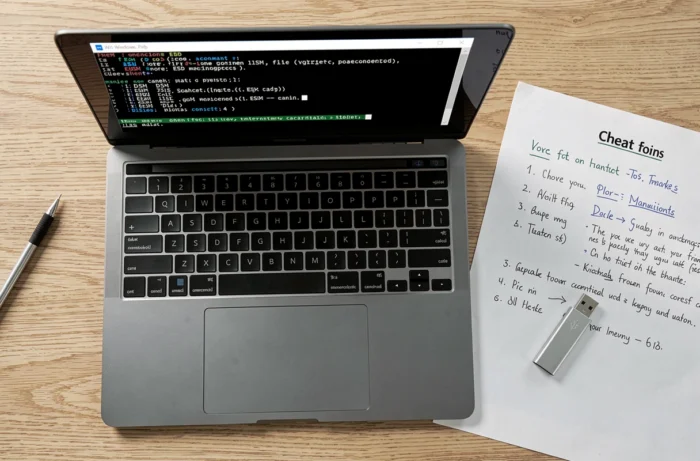 Vue en plongée d'un terminal de commande Windows 10 affichant des commandes relatives au dossier ESD avec des notes manuscrites