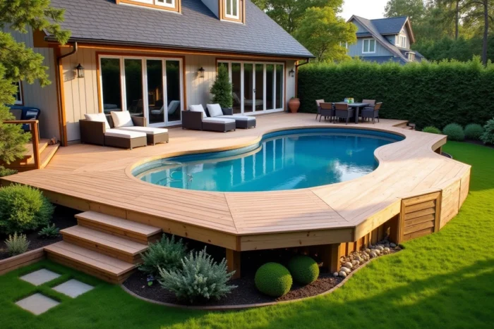 Terrasse surélevée périmétrique entourant une piscine hors sol dans un jardin résidentiel spacieux