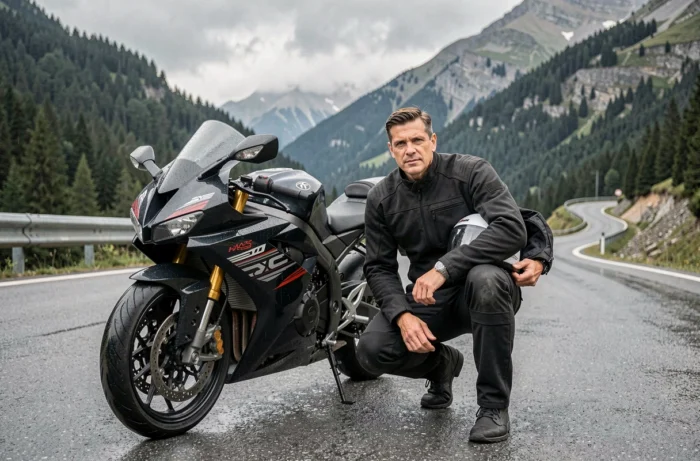 Motard en veste textile examinant une moto sportive alternative à la R1 sur une route de montagne