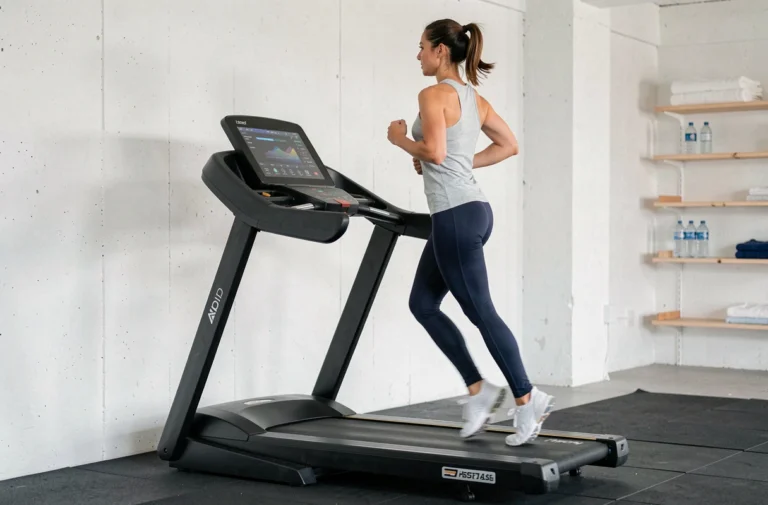 Femme qui court sur un tapis de course Sportstech F37s Pro dans un home gym moderne avec console numérique visible