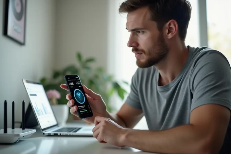Homme testant la vitesse de sa connexion Wi-Fi avec une application de test de débit sur smartphone dans un bureau à domicile