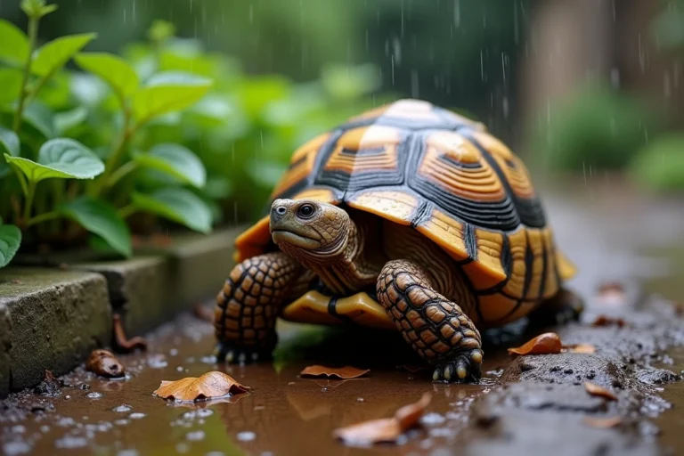 Tortue de terre marchant sur un sol humide après la pluie dans un jardin