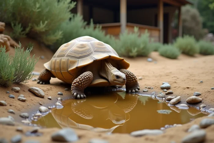 Tortue grecque dans son enclos extérieur après la pluie avec une flaque d'eau