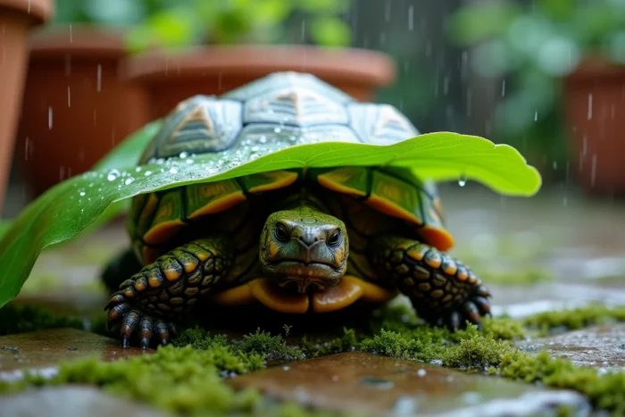 Tortue Hermann se réfugiant sous une feuille verte pendant la pluie