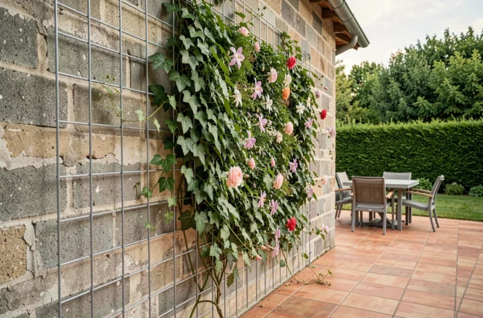 Treillis végétal avec plantes grimpantes couvrant un mur extérieur en parpaing