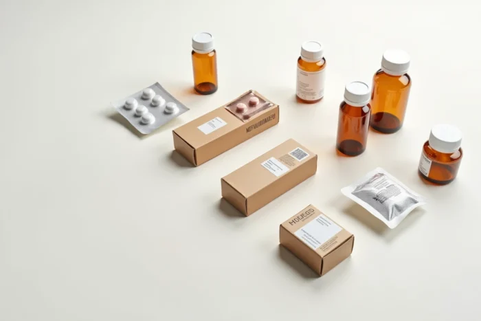 Assortiment de différents types d'emballages pharmaceutiques incluant flacons, blisters, boîtes et sachets