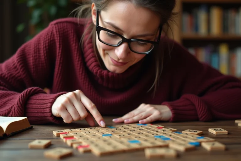 Femme vérifiant la validité d'un mot au Scrabble avec un dictionnaire ouvert sur une table en bois
