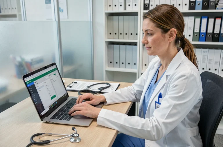 Vétérinaire professionnelle se connectant au logiciel GM Vet 1 sur un ordinateur portable dans une clinique vétérinaire moderne