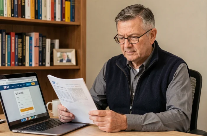 Vétérinaire consultant un guide d'utilisation de GM Vet 1 dans son bureau à domicile avec un ordinateur portable