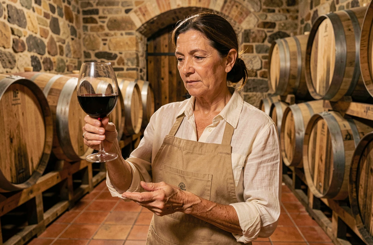 Vigneronne examinant un verre de Malbec dans une cave traditionnelle de Mendoza en Argentine en août