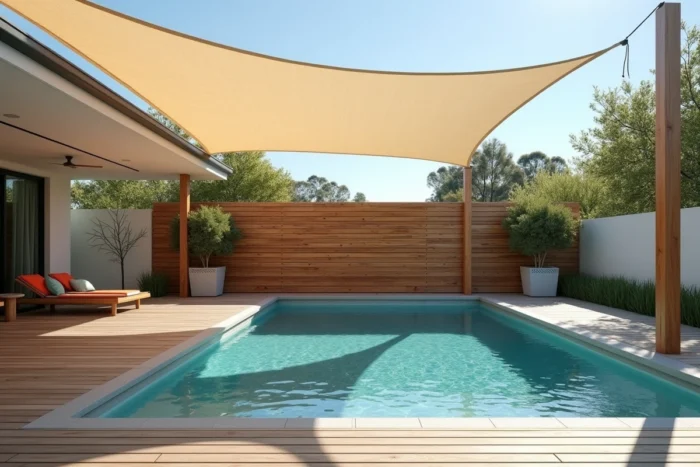 Voile d'ombrage et claustra en bois associés à une piscine hors sol dans un jardin contemporain