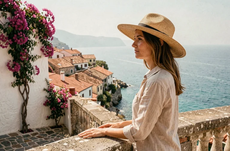 Femme en chapeau de paille contemplant un village côtier méditerranéen depuis un belvédère en pierre