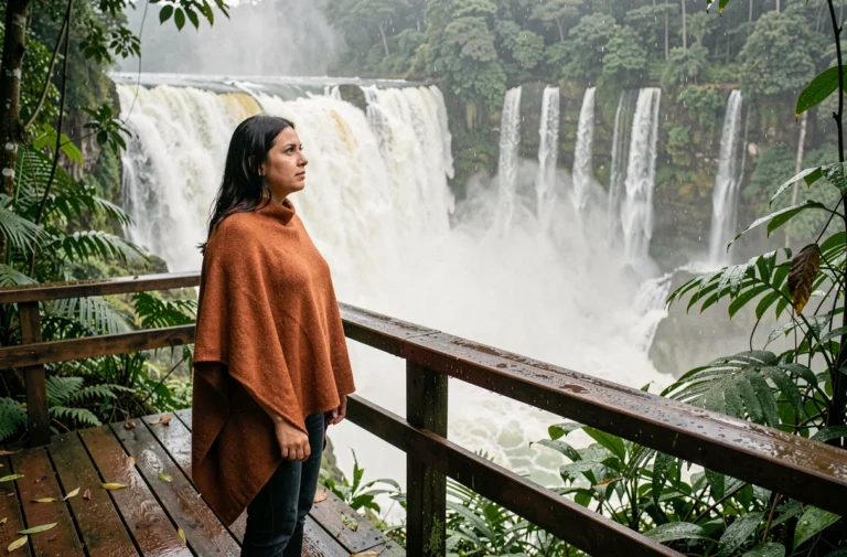 Voyageuse contemplant les chutes d'Iguazú depuis la passerelle en août, entourée de jungle luxuriante et de brume naturelle