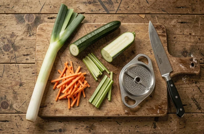 Vue aérienne d'ingrédients et outils disposés pour réaliser une julienne de légumes maison