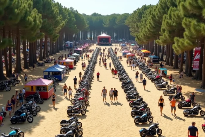 Vue d'ensemble du festival show bike de Montalivet 2026 avec rangées de motos et visiteurs en vacances
